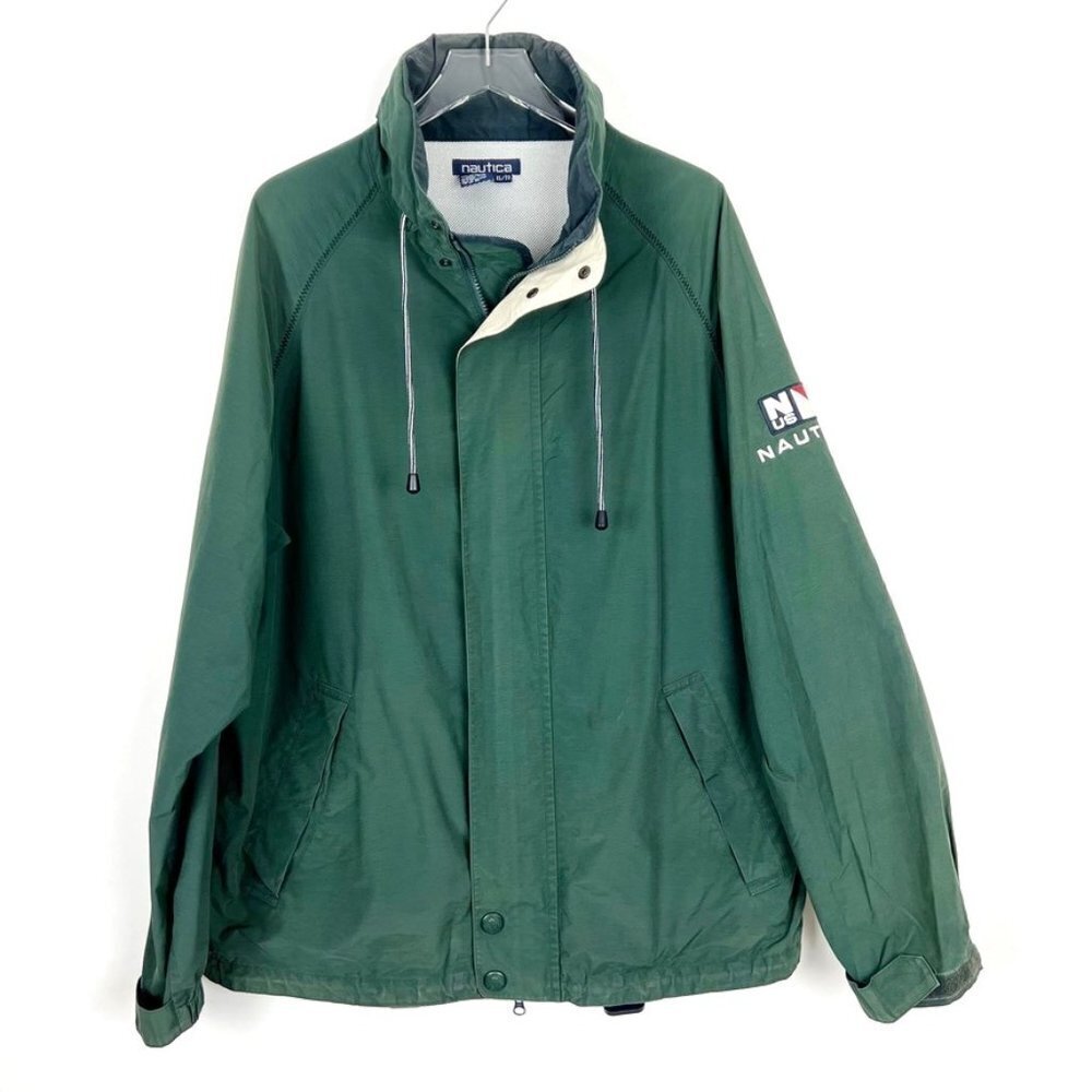 Nautica Windbreaker Jacket Men's Size XL Green Blue Fold-Away Hood Lightweight